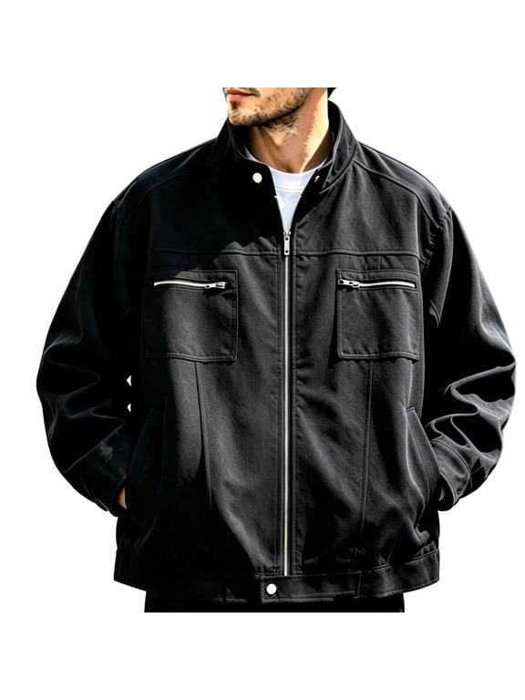 Baseball Jacket for Men Long Sleeve Collared Zip Up with Button Tops Windbreaker Fall Outwear with Pockets