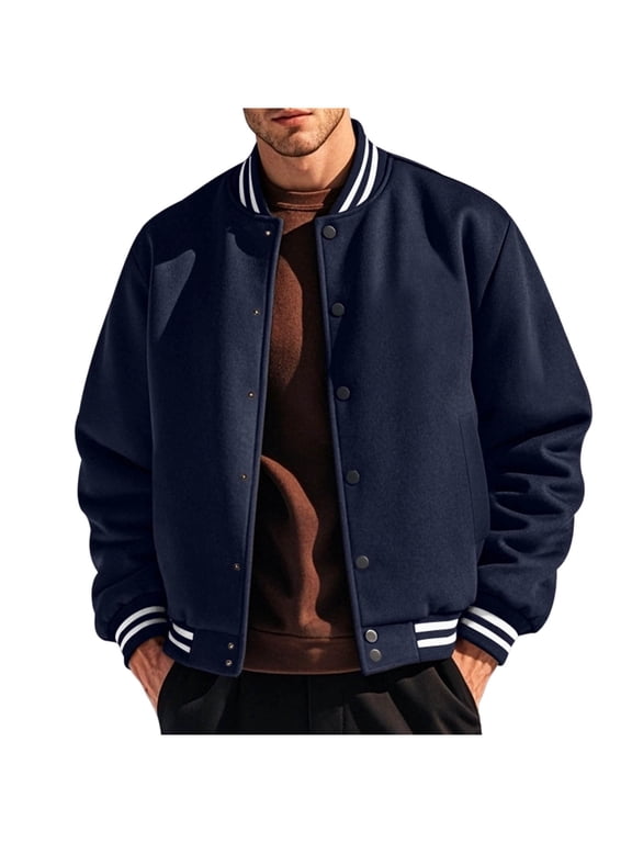 Baseball Jacket for Men Long Sleeve No Hooded Snap Up Tops Windbreaker Fall Workout Outwear with Pockets