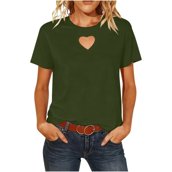 successthop Basic T Shirts for Women Heart Shaped Cutout Crewneck Top Lightweight Short Sleeve Outfits Solid Shirts 2XL