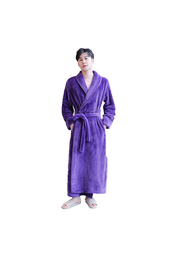 Bathrobe for Men Flannel Long Housecoat for Couple with Pockets Loose Belted Solid Ladies Sleepwear Purple