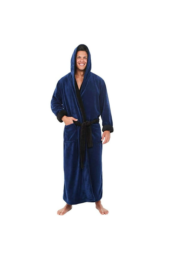 Bathrobe for Men with Hood Plus Size Plush Long Sleepwear with Pockets Loose Belted Solid Housecoat Blue 4XL