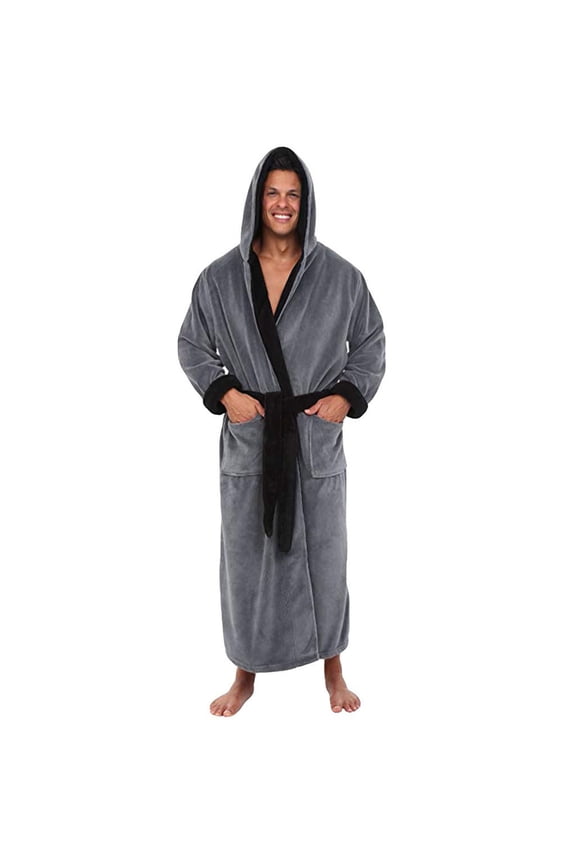 Bathrobe for Men with Hood Plus Size Plush Long Sleepwear with Pockets Loose Belted Solid Housecoat Gray 2XL