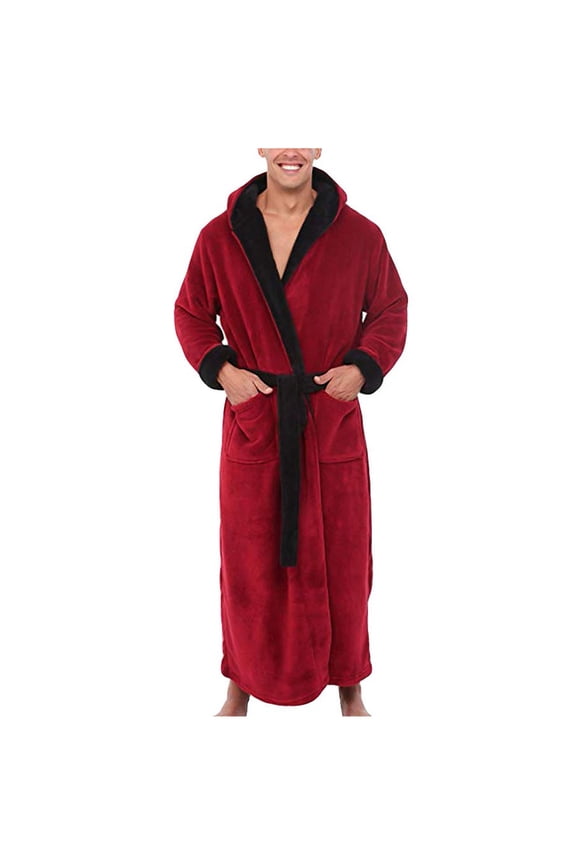 Mens Bathrobe Big and Tall Sleepwear Belted Plush Hooded Housecoat with Pockets Plus Size Homewear Red 4XL