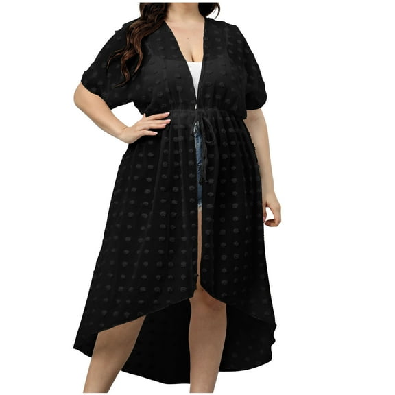 successthop Beach Cover Up for Women Plus Size Sun Protect Tie Front V Neck Cardigan Short Sleeve Solid Beach Knitwear