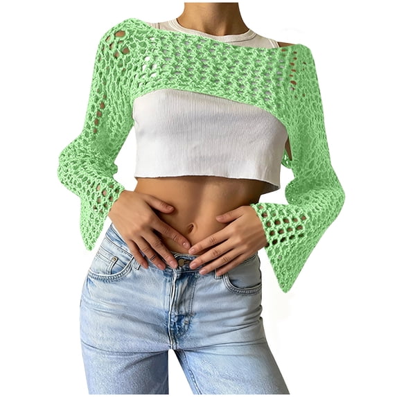 successthop Beach Cover Ups for Women Crochet Crewneck Knitwear Cropped Long Sleeve Swimwear Solid Spring Clothes Green