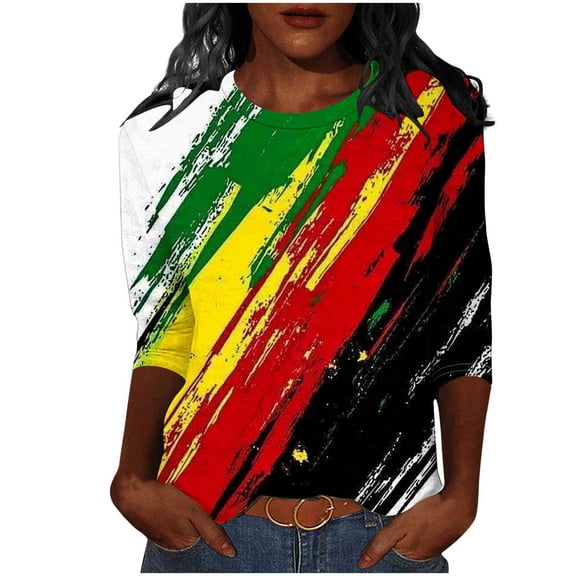 successthop Black History Month Shirts Women Colorful Stripes Casual Loose Plus Size Crewneck Blouse 3/4 Sleeve Tops 3XL