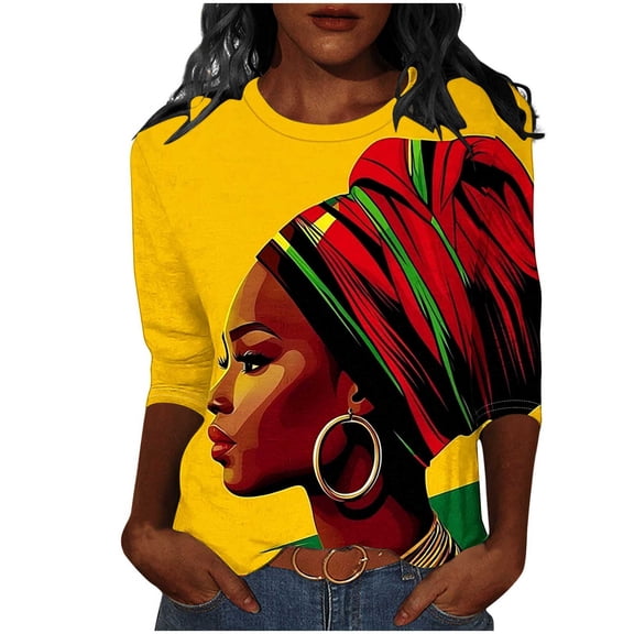 successthop Black History Shirts Women Casual Loose Plus Size Crewneck Blouse 3/4 Sleeve Tops Print Festival Clothes Red