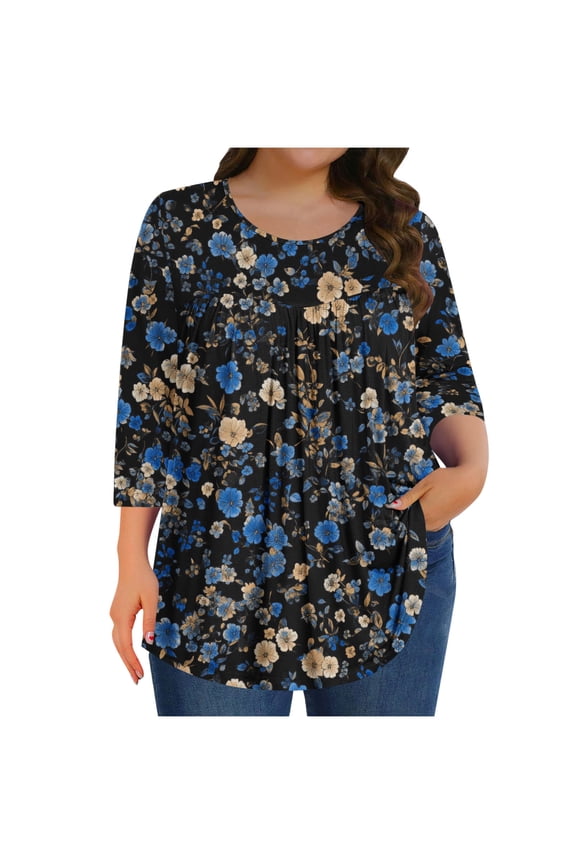 Boho Blouses for Women Plus Size 3/4 Sleeve Tunic Top Crewneck Curved Hem Shirt Print Tee Shirts Loungewear