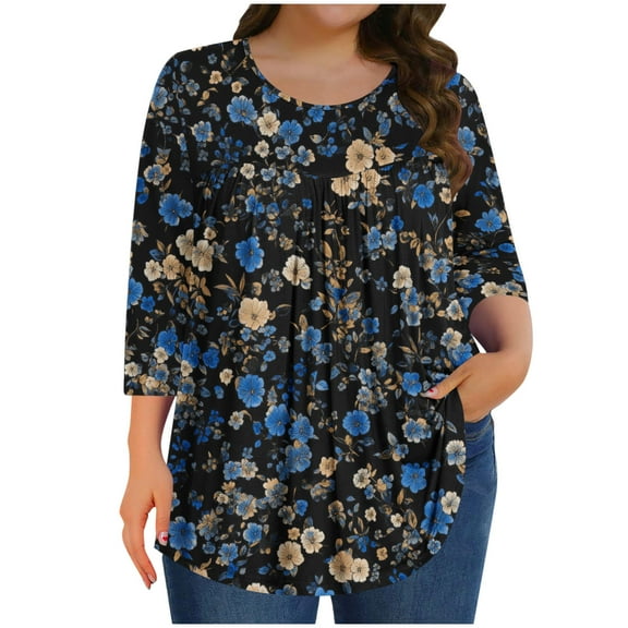 successthop Boho Blouses for Women Plus Size 3/4 Sleeve Tunic Top Crewneck Curved Hem Shirt Print Tee Shirts Loungewear
