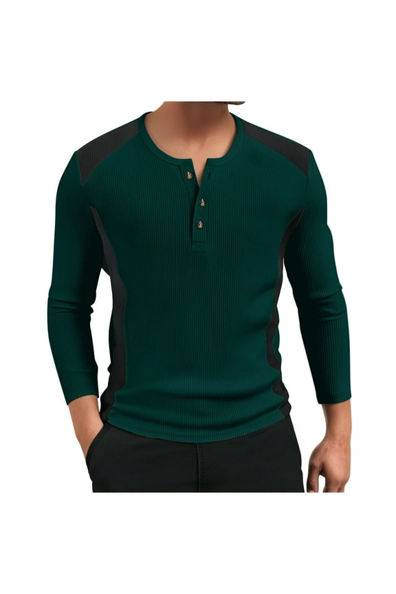 Men Shirts Long Sleeve Crew Neck Button Collar Solid Color Waffel Tops
