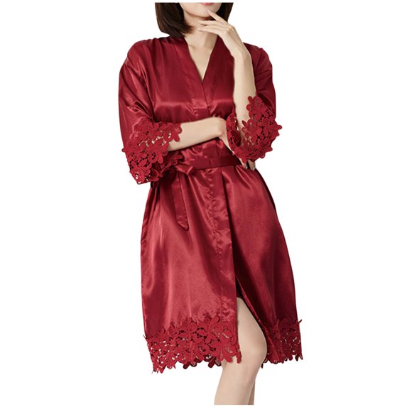 successthop Bridesmaid Robes for Wedding Party Lace Short Length Lightweight Solid Long Sleeve Pajamas 2XL Wine