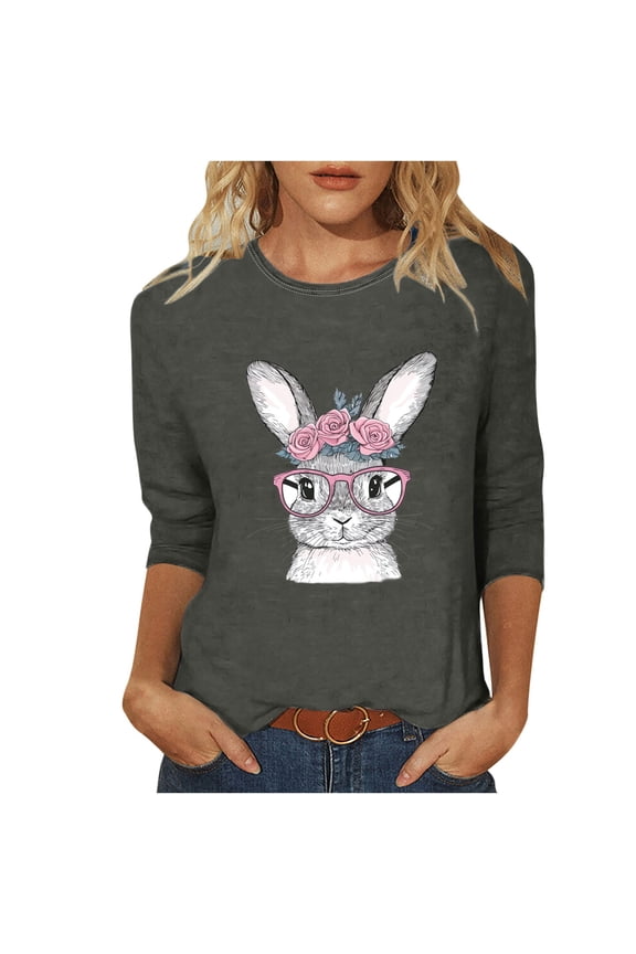 Bunny Shirts for Women Bunny Casual 3/4 Sleeve Beach T Shirts Crewneck Shirts Spring Holiday Clothes Gray 2XL
