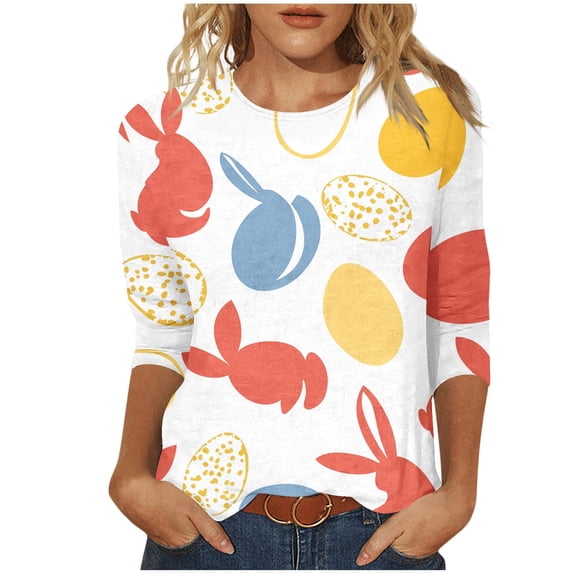 successthop Bunny Shirts for Women Bunny Casual 3/4 Sleeve Holiday T Shirts Crewneck Top Loose Spring Vacation Clothes 2XL