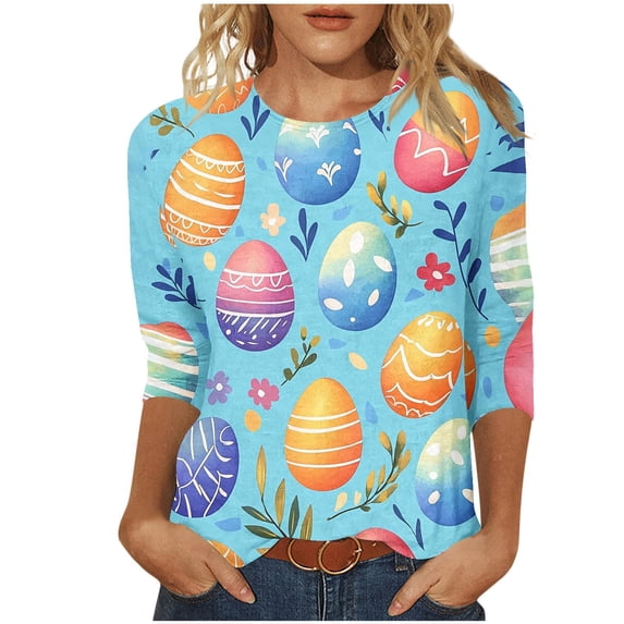 successthop Bunny Shirts for Women Bunny Casual 3/4 Sleeve Holiday T Shirts Crewneck Top Loose Spring Vacation Clothes S