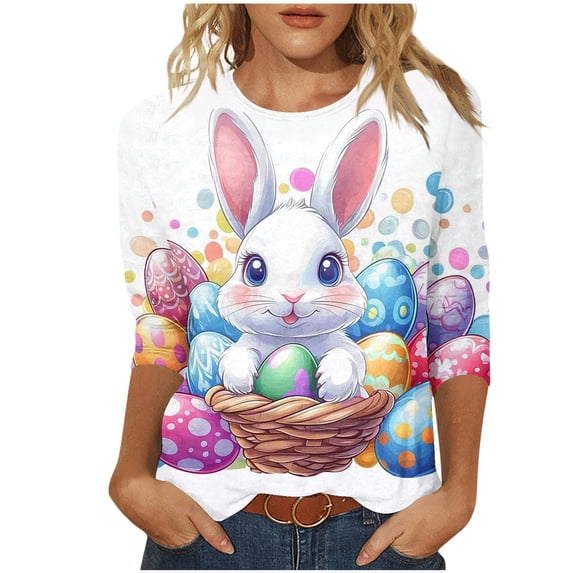successthop Bunny Shirts for Women Bunny Casual 3/4 Sleeve Holiday T Shirts Crewneck Top Loose Spring Vacation Clothes XL