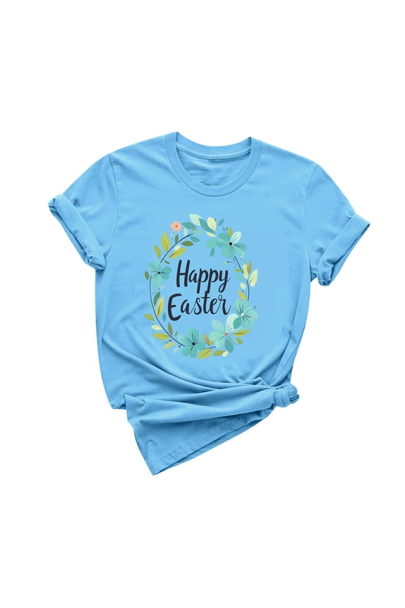 Bunny Shirts for Women Happy Easter Casual Short Sleeve Beach T Shirts Crewneck Top Spring Holiday Clothes M