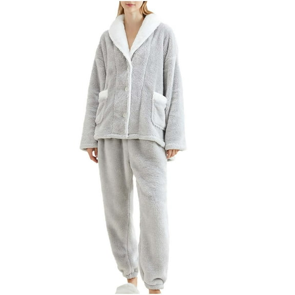 successthop Button Down Pajamas for Women Flannel Long Sleeve Collar with Pant Solid 2 Pieces with Pockets Loungewear