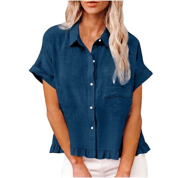 successthop Button Down Shirts for Women Collar Tops with Pocket Lightweight Short Ruffle Sleeve Shirt Solid Clothes Blue
