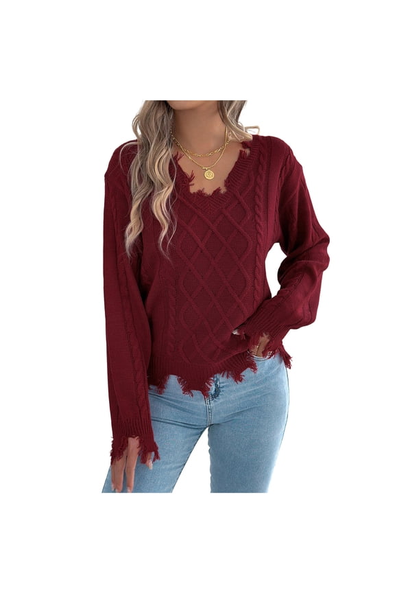 Cable Knit Sweater Womens Long Sleeve V Neck Tops Pullover Knitwear Ripped Asymmetrical Hem Winter Clothes