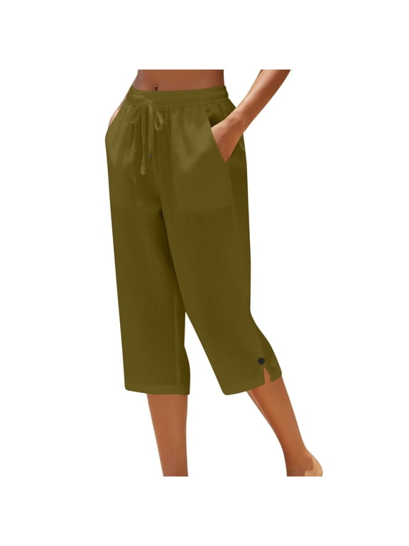 Capri Cotton Womens Pants Cropped Pant Drawstring Elastic Waist Button Slacks Slit Hem with Button Bottoms