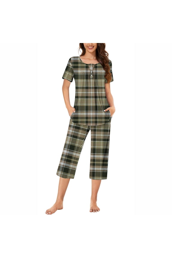 Capri Pajamas for Women Set Army Green Lightweight Plus Size Plaid Short Sleeve with Pockets Button 2 Piece Loungewear XL