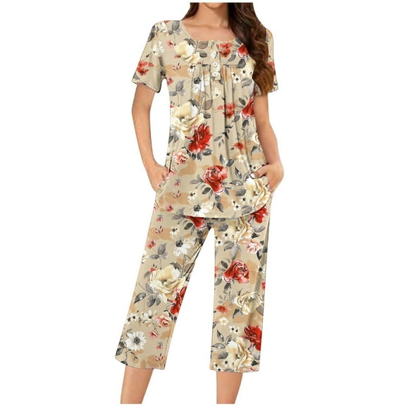 successthop Capri Pajamas for Women Set Lightweight Plus Size Floral Short Sleeve Button 2 Piece Loungewear 3XL Multicolor