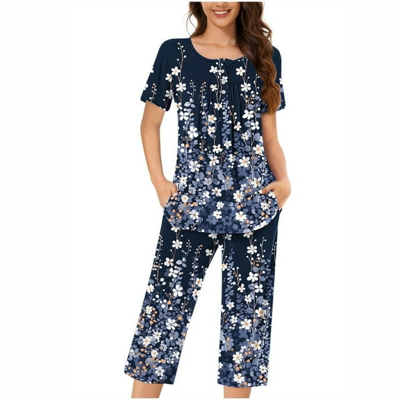 successthop Capri Pajamas for Women Set Lightweight Plus Size Floral Short Sleeve with Pockets Button 2 Piece Loungewear 3XL Navy