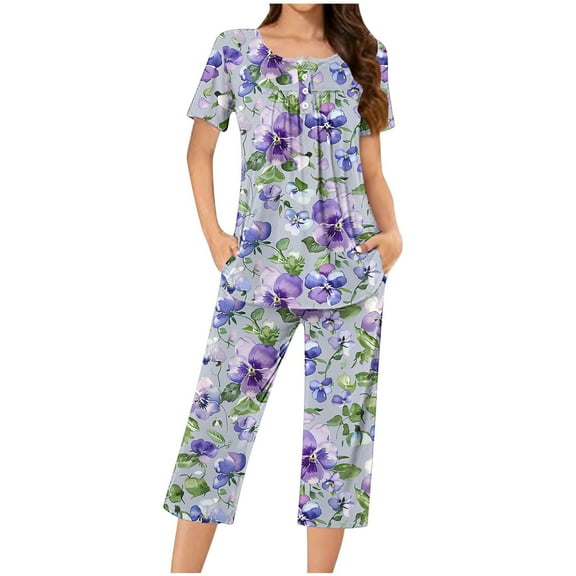 successthop Capri Pajamas for Women Set Purple Lightweight Plus Size Floral Short Sleeve Button 2 Piece Loungewear L