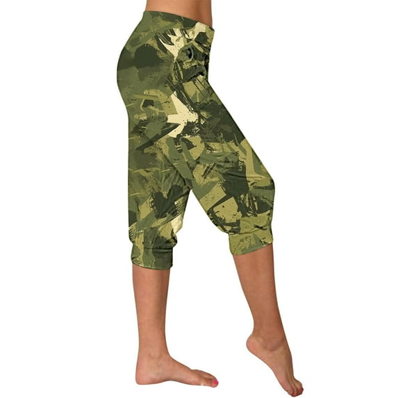 successthop Capri with Pockets Plus Size Gym Casual Cropped Pants Loose High Waist Beach Print Sport Summer Bottoms M