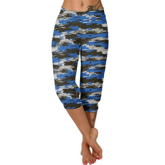 successthop Capri with Pockets Womens Gym Plus Size Bottoms Yoga High Waist Camouflage Lightweight Sport Pants Blue L