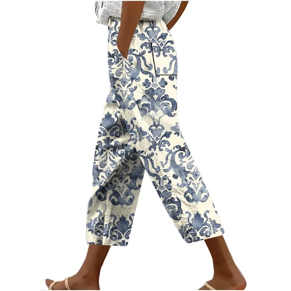 successthop Capri with Side Pocket Casual Plus Size Oversized Bottoms with Pockets Drawstring Floral Lightweight Pants
