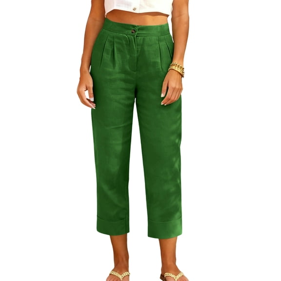 successthop Capris Pants for Women No Zipper Casual Plus Size Oversized Straight Button Solid Lightweight Bottoms Green