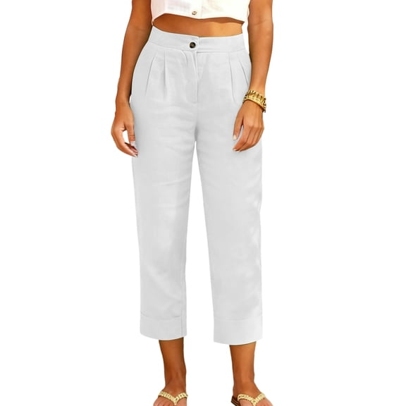 successthop Capris Pants for Women No Zipper Casual Plus Size Oversized Straight Button Solid Lightweight Bottoms White