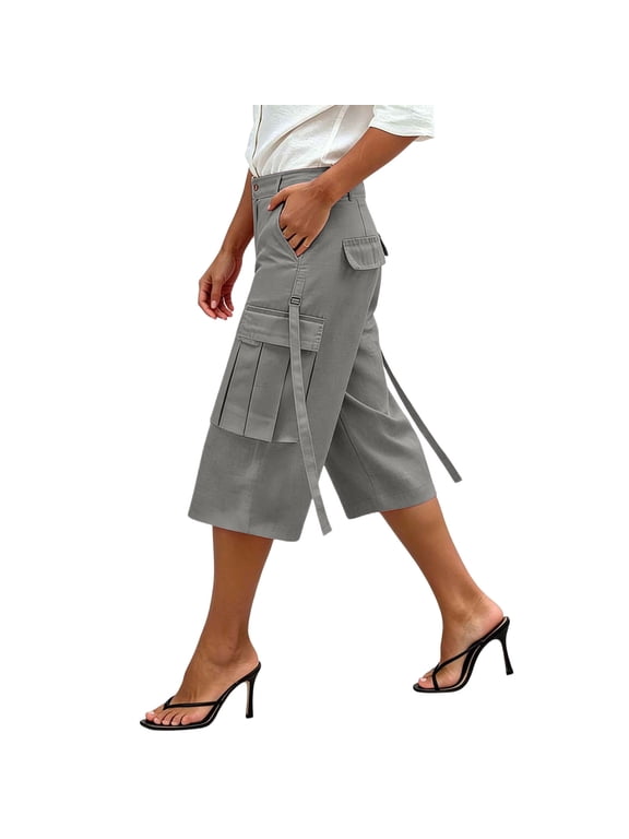 Cargo Capris for Women High Waist Pant Button Wide Leg Bottoms with Straps Casual Clothes with Pockets Gray