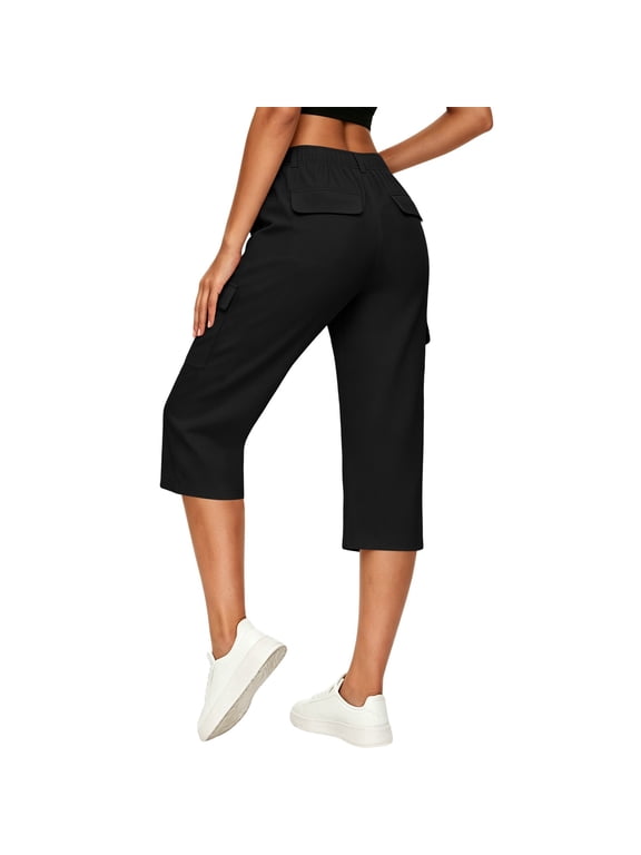 Cargo Capris for Women Plus Size Cropped Pant Button Tapered Bottoms Clothes with Multiple Pockets Black 2XL