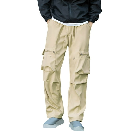 successthop Cargo Pant Elastic Waist for Men Drawstring Solid Hiking Pants with Pockets Waterproof Outdoor Workwear