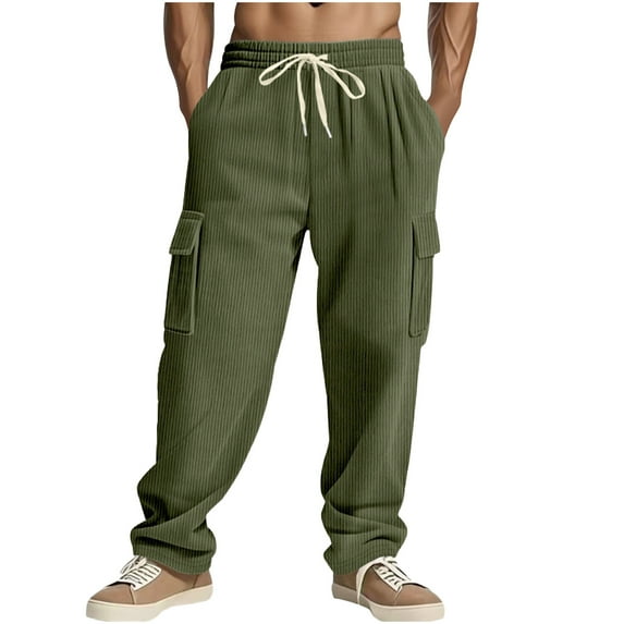 successthop Cargo Pant Elastic Waist for Men Drawstring Solid Workwear with Pockets Straight Casual Trousers Black