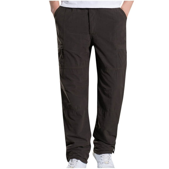 successthop Cargo Pant Elastic Waist for Men Fleece Solid Workwear with Multiple Pockets Zipper Casual Trousers