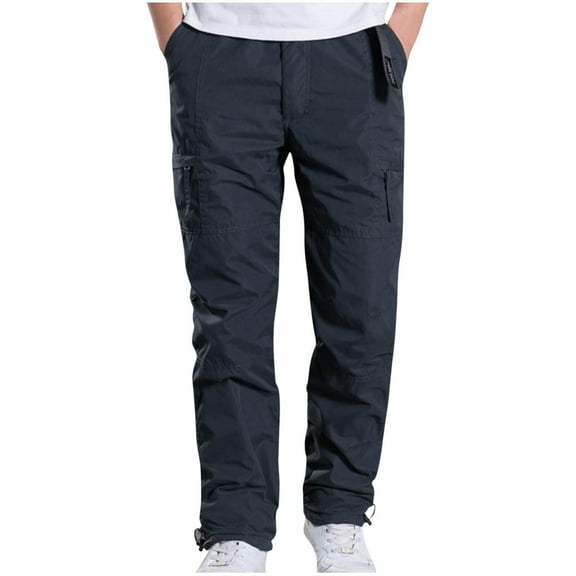 successthop Cargo Pant Elastic Waist for Men Fleece Solid Workwear with Multiple Pockets Zipper Casual Trousers