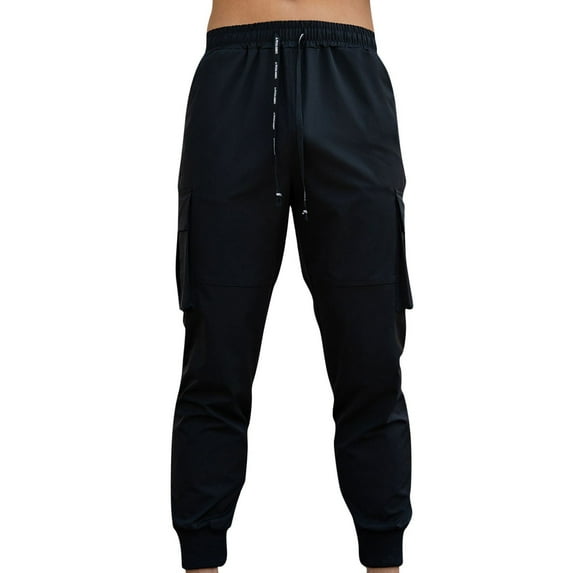 successthop Cargo Pant Elastic Waist for Men Solid Workwear with Pockets Straight Sport Trousers Black