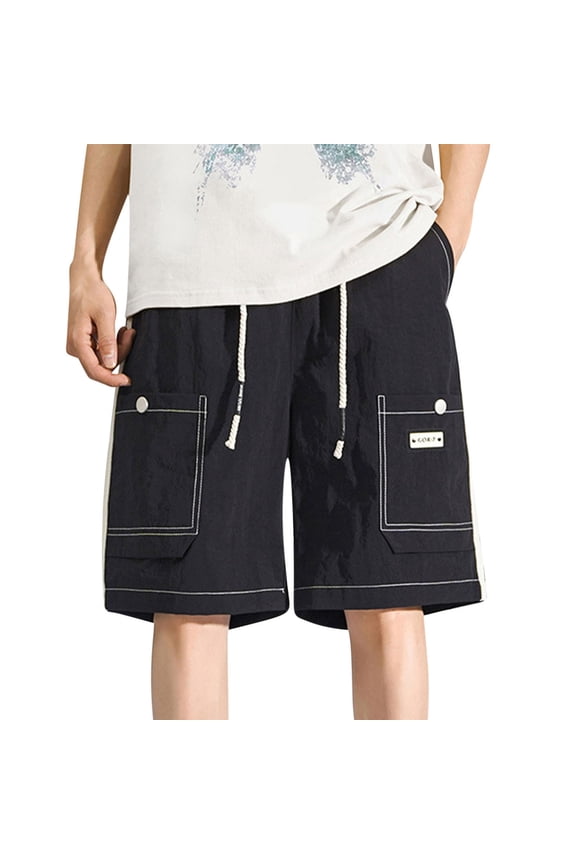 Cargo Shorts for Men Below the Knee Big and Tall Bottoms Drawstring Shorts Summer Clothes with Pockets Black