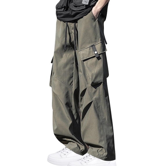 successthop Cargo pants for Mens and Big Mens Drawstring Solid Workwear with Pockets Oversized Straight Casual Trousers