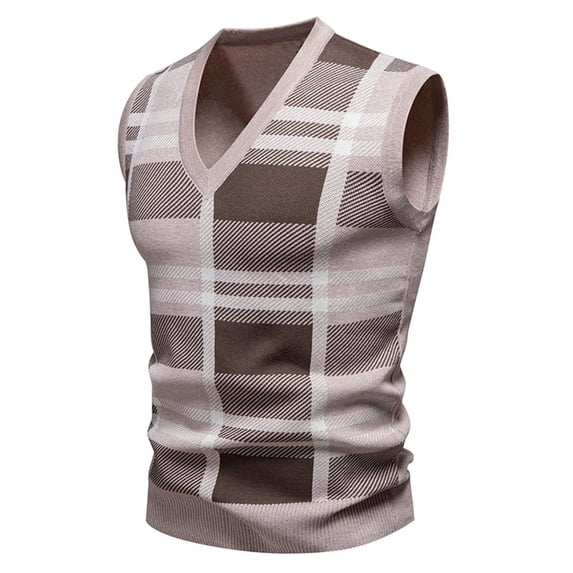 successthop Checkered Sweater Vest for Men Sleeveless V Neck Tops Pullover Knitwear Young Mens Fall Layer Look Clothes
