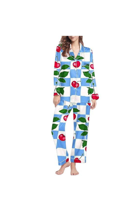 Cherry Pajamas for Women Long Sleeve Lapel Button Down Nightwear and Pj Pant Print Sleepwear with Pockets