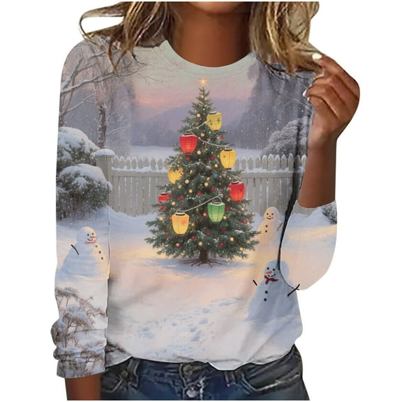 successthop Christian Shirts for Women Tree Snow Plus Size Long Sleeve Tee Lightweight Crewneck Pullover Top Clothes Red