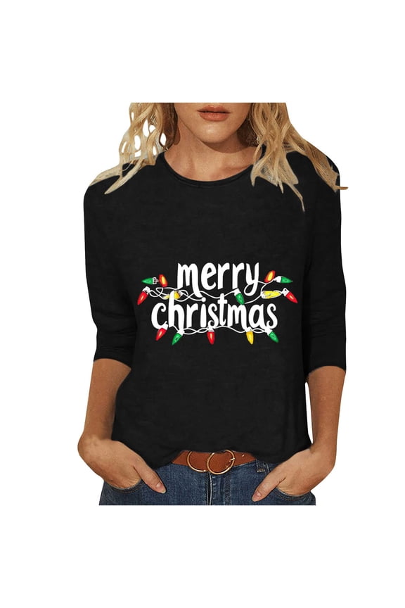 Christmas Blouse for Women Light Bulb Letter 3/4 Sleeve Top Lightweight Loose Crewneck Print Stylish Clothes