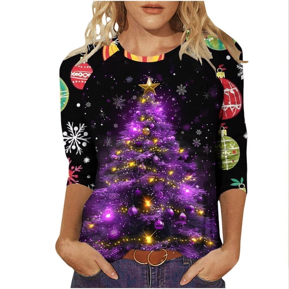 successthop Christmas Blouse for Women Light Tree 3/4 Sleeve Shirt Lightweight Oversized Crewneck Print Trendy Clothes