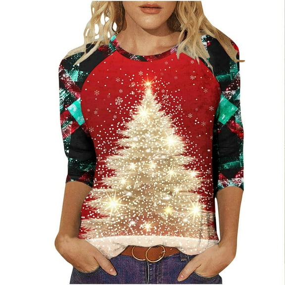 successthop Christmas Blouse for Women Light Tree 3/4 Sleeve Shirt Lightweight Oversized Crewneck Print Trendy Clothes