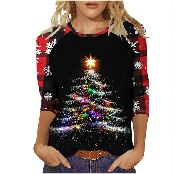 successthop Christmas Blouse for Women Light Tree 3/4 Sleeve Shirt Lightweight Oversized Crewneck Print Trendy Clothes