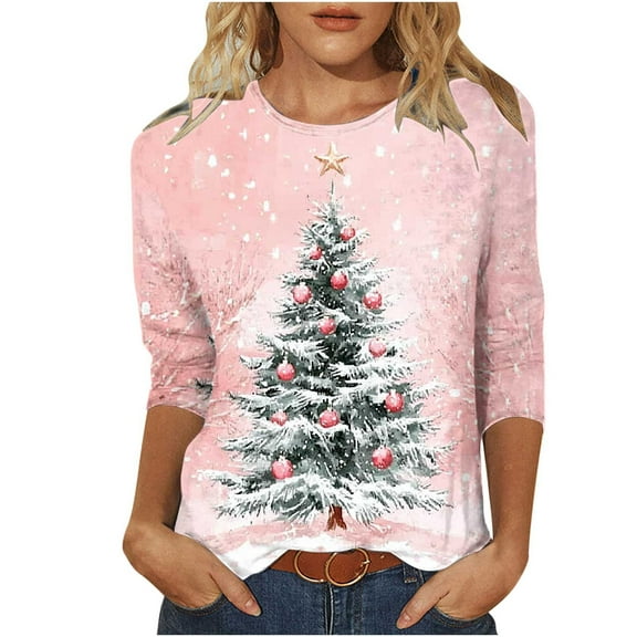successthop Christmas Blouse for Women Light Tree 3/4 Sleeve Shirt Lightweight Oversized Crewneck Print Trendy Clothes